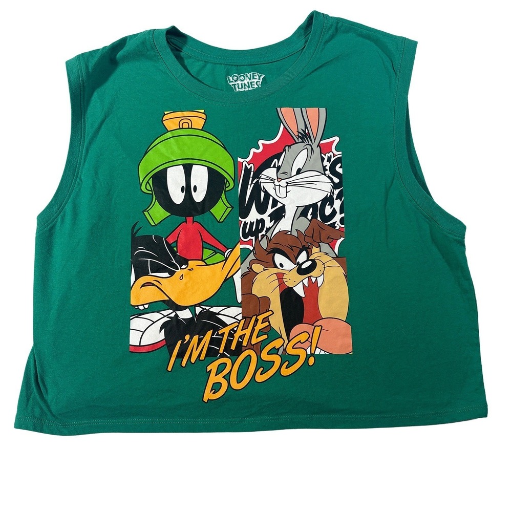 Looney Tunes Graphic Tank Crop Top Womens Size XXL Marvin Bugs Daffy Taz Green